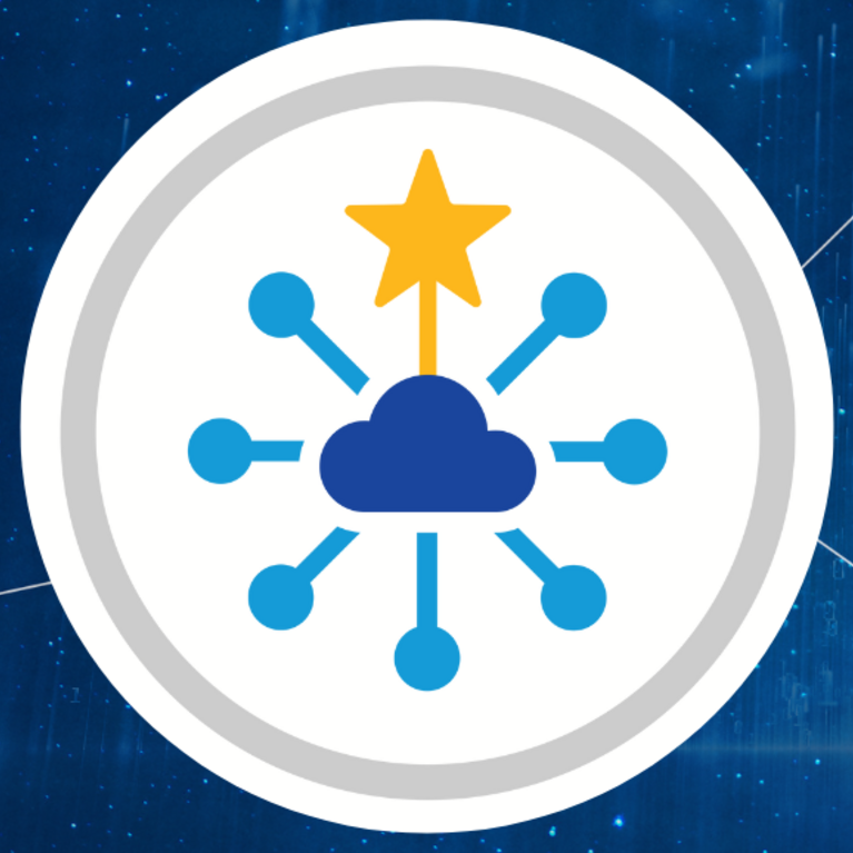 Yellow star with a blue cloud underneath and lines with circles on top spreading out from the middle