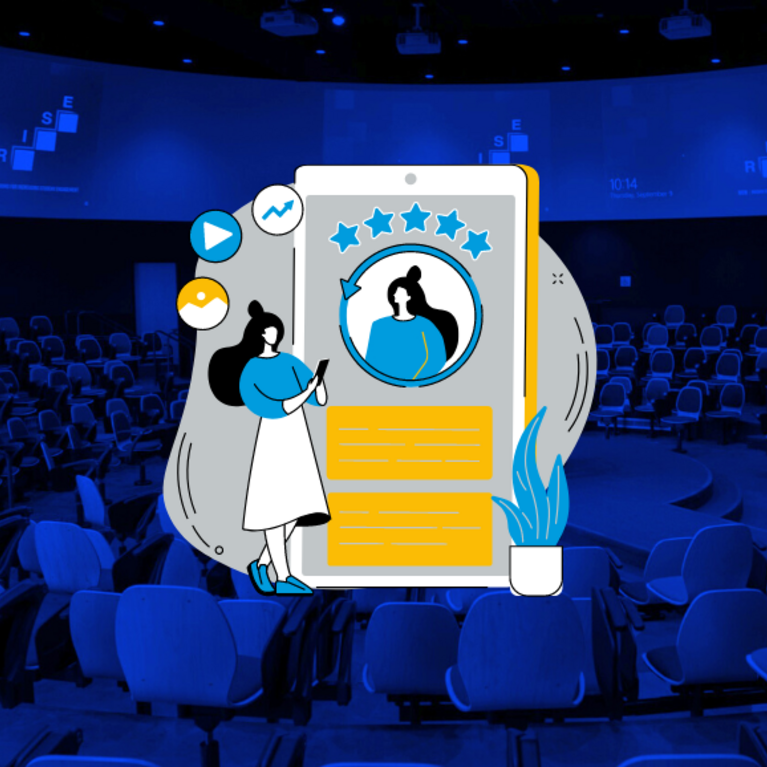 animated woman looks at profile on device