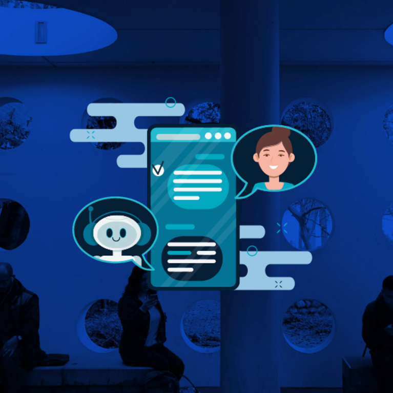 An animated phone depicting a conversation between a person and a chatbot.