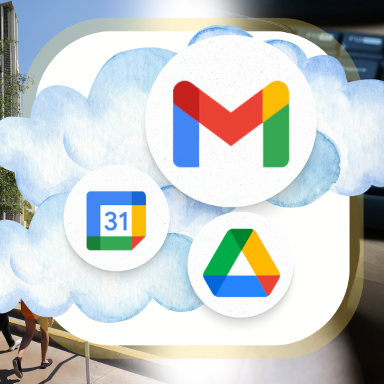 Image of Gmail, Google Calendar, and Google Drive logos with clouds in the background, a UCR image, and an image of a keyboard