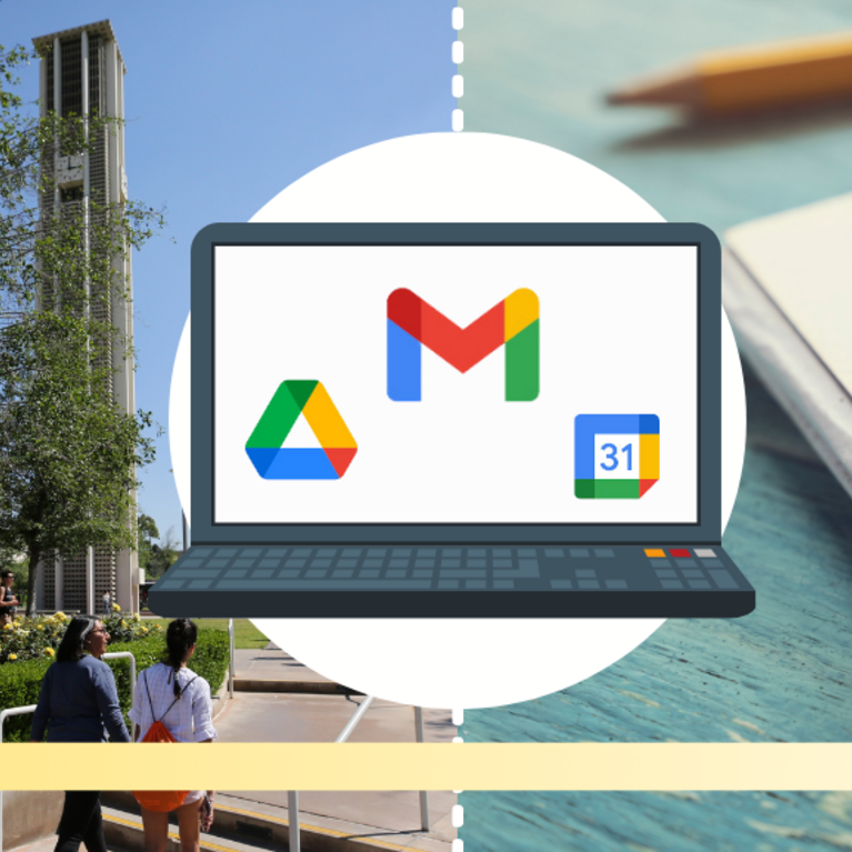 Image of a laptop with the Google Drive, Gmail, and Google Calendar logos. The UCR Bell Tower and a pin board image are in the background.