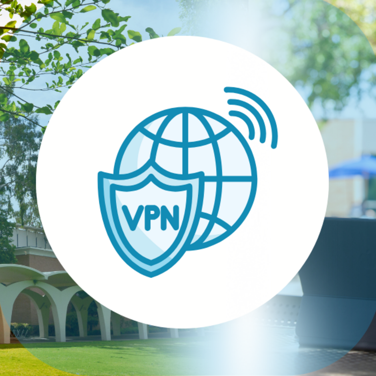 Shield icon with word VPN and globe icon representing the network with UCR vanity shot in the background