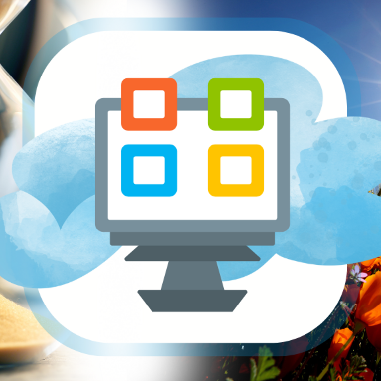 Computer monitor with four colored squares and a cloud in the background. Microsoft Office application logos, calendar icon, and clouds in the background.