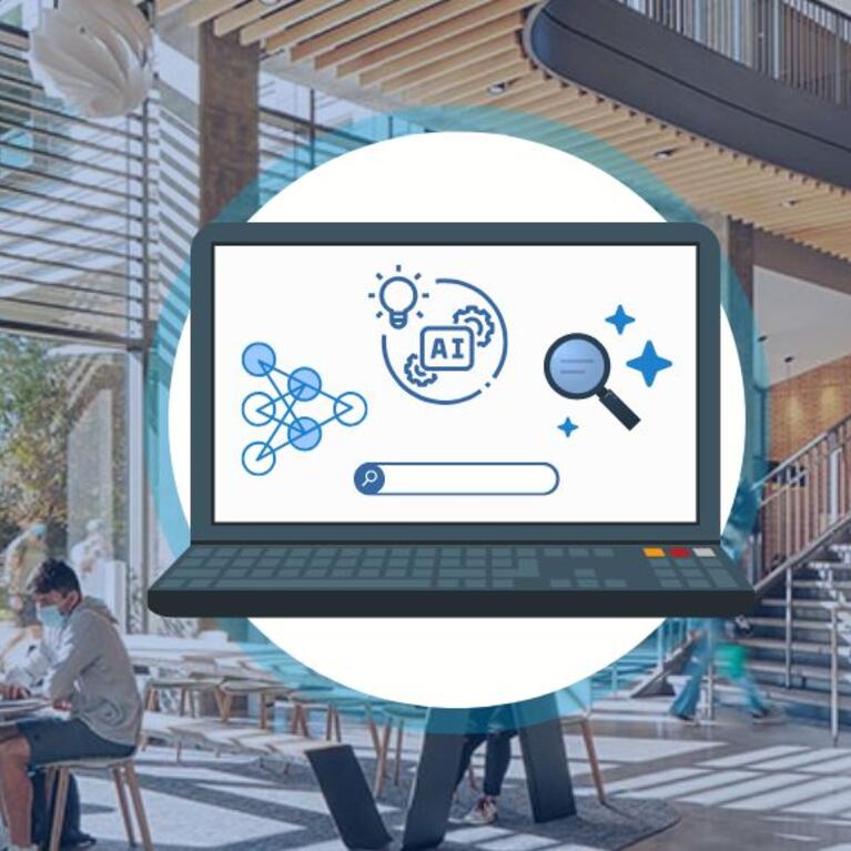 image of a laptop with AI text in the screen and the UCR SSC building in the background