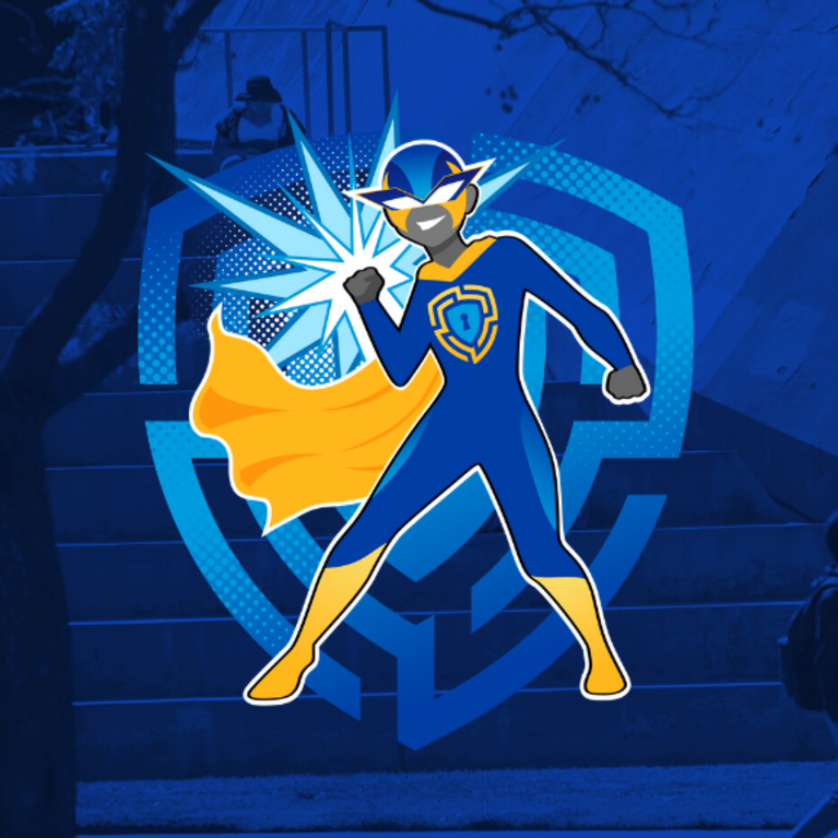 Cyberhero smiles and raises fist prepared to fight the criminals!