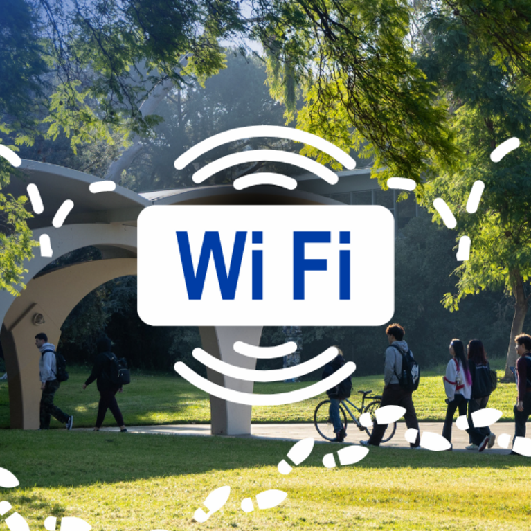 Image with the word "WiFi" and graphics depicting wireless signals with the UCR courtyard in the background