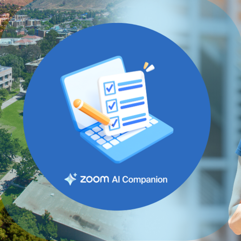 Image of a laptop with a to-do list and pencil on top of it with the words Zoom AI Companion at the bottom