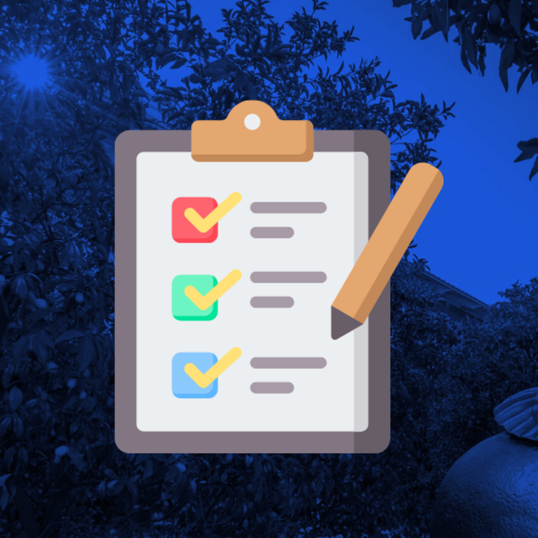 An animated checklist over the citrus fields and orange sculpture