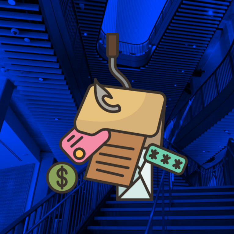phishing icon over a modern staircase