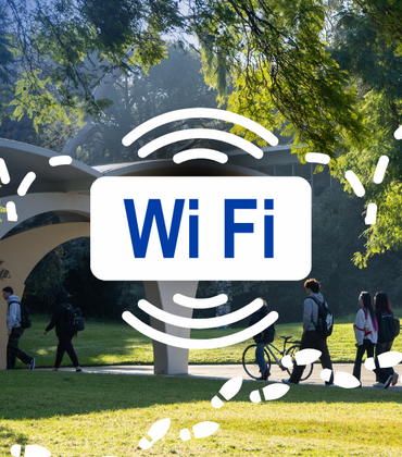 Image with the word "WiFi" and graphics depicting wireless signals with the UCR courtyard in the background