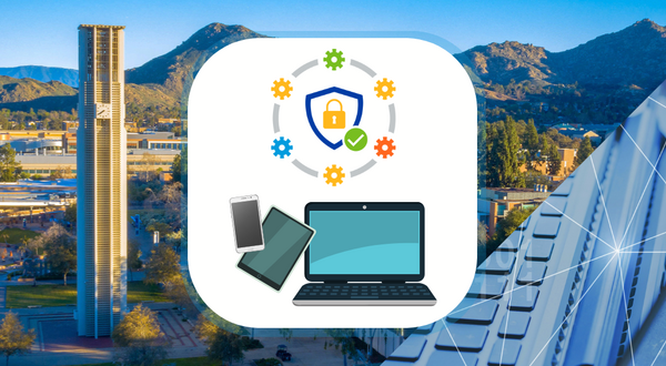 Cyber defender icon above images of a smartphone, tablet, and laptop with the UCR landscape in the background