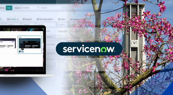 A ServiceNow branded banner featuring a laptop showing the ServiceNow Preferences menu. The background shows a blooming pink Jacaranda tree next to the UCR Bell Tower under a blue sky, framed by UCR blue and gold geometric shapes.