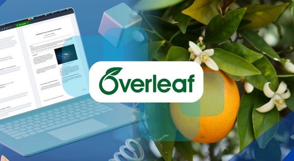 Overleaf logo with an open laptop and an orange tree in the background