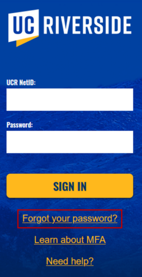 Image of SSO screen highlighting the Forgot Password link