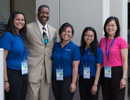 In photo: Priyanka Singh, CAO Gilbert Ivey of MWD, Alyssa Yan, Anna Almario, and Kawai Tam (advisor)  Not in photo: David Cocker and Phillip Christopher (advisors)