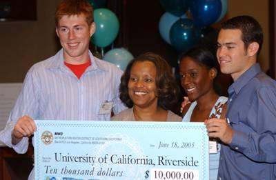 Left photo: Roland Cusick, Benita Horn (Educational / External Affairs at MWD), Temi Ogunyoku, and Greg Guillen at the check presentation at the MWD headquarters in L.A.