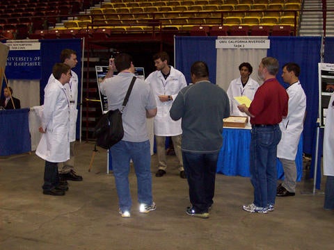 Right photo: Team presenting to judges at New Mexico State University’s Pam Am Center