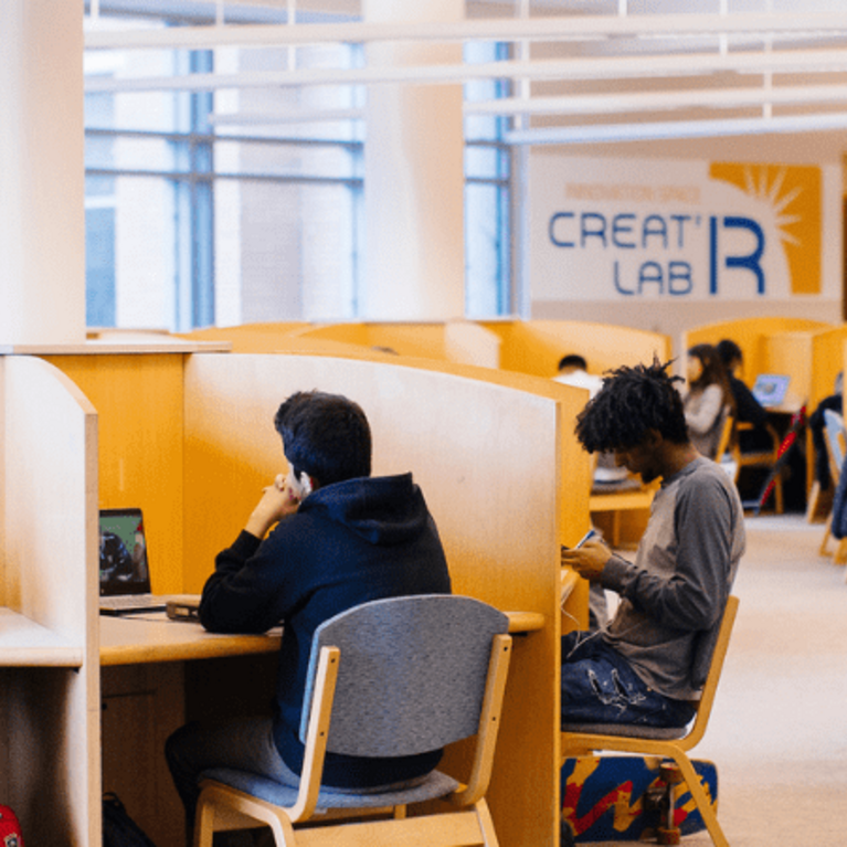 Image of students in the library with Shannon Castro image on top