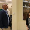 Congressman Shomari Figures looking toward the Tuskegee exhibit in the Rivera Library.