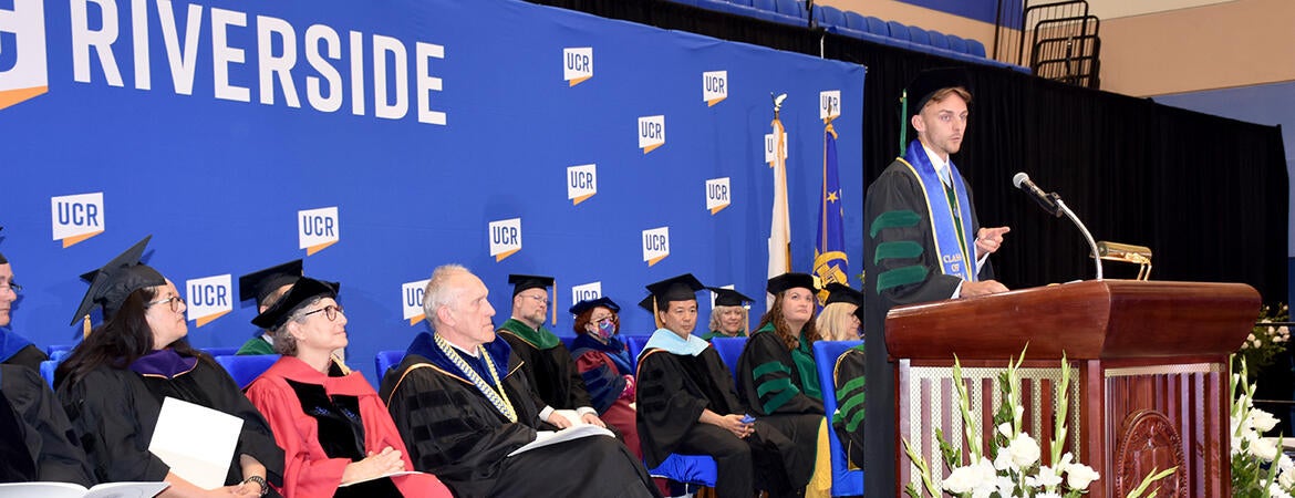 Brandon Barger speaking at commencement