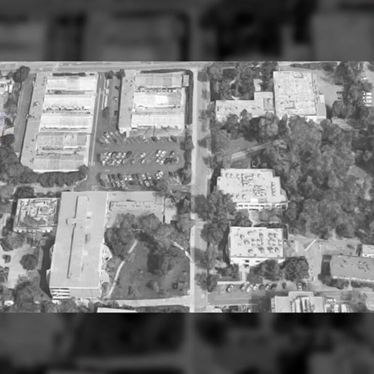 an aerial view of the eastern side of the UCR Campus with the SOM buildings highlighted.