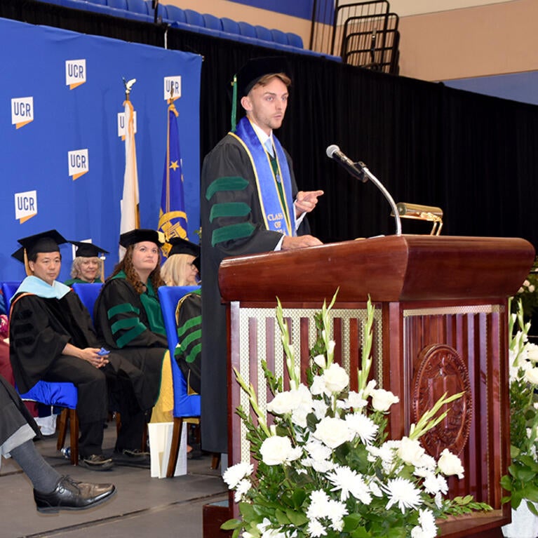 Brandon Barger speaking at commencement