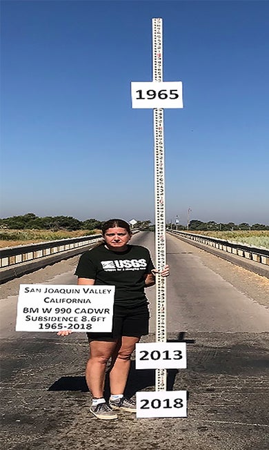 Study co-author Michelle Sneed gauges the depths subsidence in the San Joaquin Valley