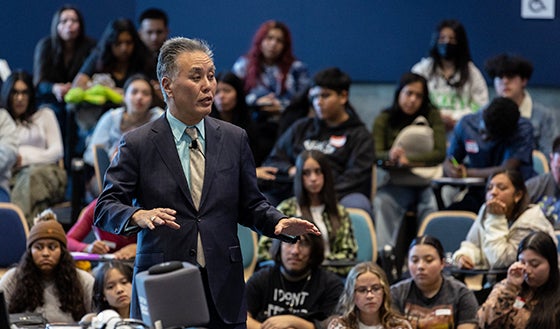 Congressman Mark Takano meets Inland high school students in a 2023 Youth Summit at UCR organized by the School of Public Policy