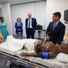 Congressman Raul Ruiz (right) checks out the School of Medicine’s new Clinical Skills and Simulation Suite with Wilcox and UCR leadership during a visit in July 2021. 