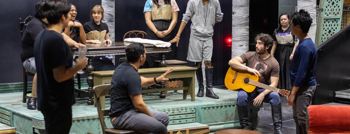 Cast members rehearse a scene of the play “Three Sisters” at the UCR ARTS Studio Theatre. 