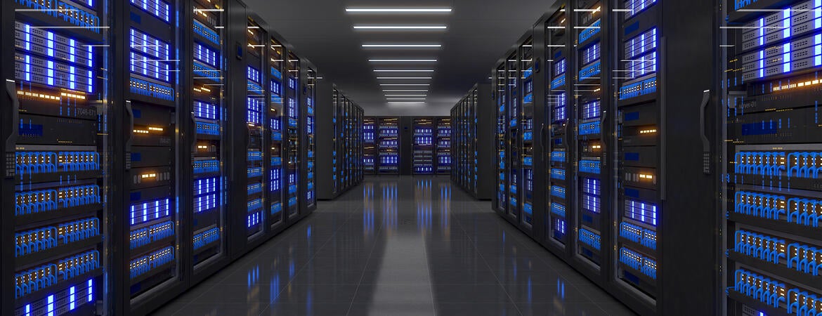 Computer servers on racks in data processing center