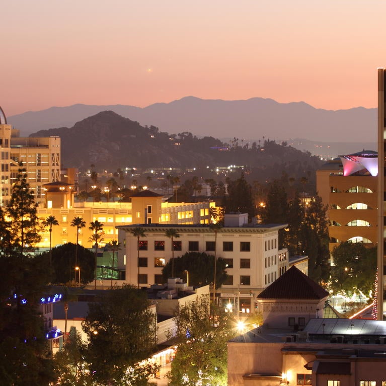 downtown riverside at dusk