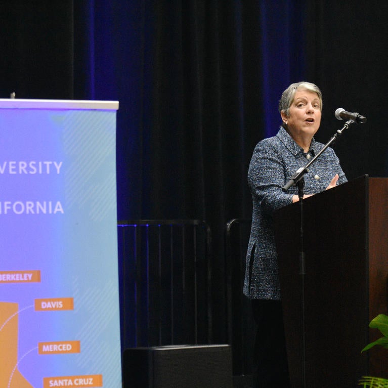 UC President Janet Napolitano speaking at a school rally