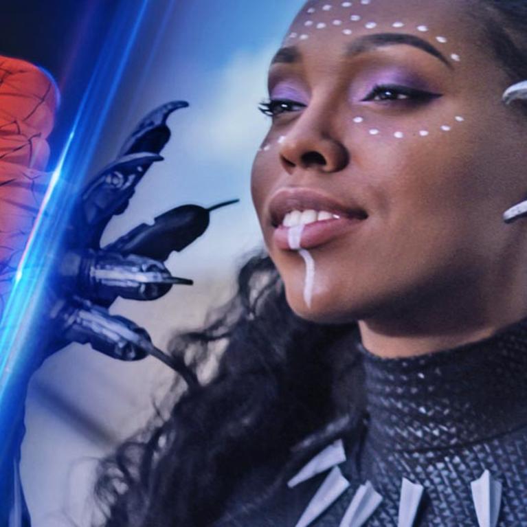 Section of poster for Marvel's 616 with Spider-Man and woman in Black panther cosplay