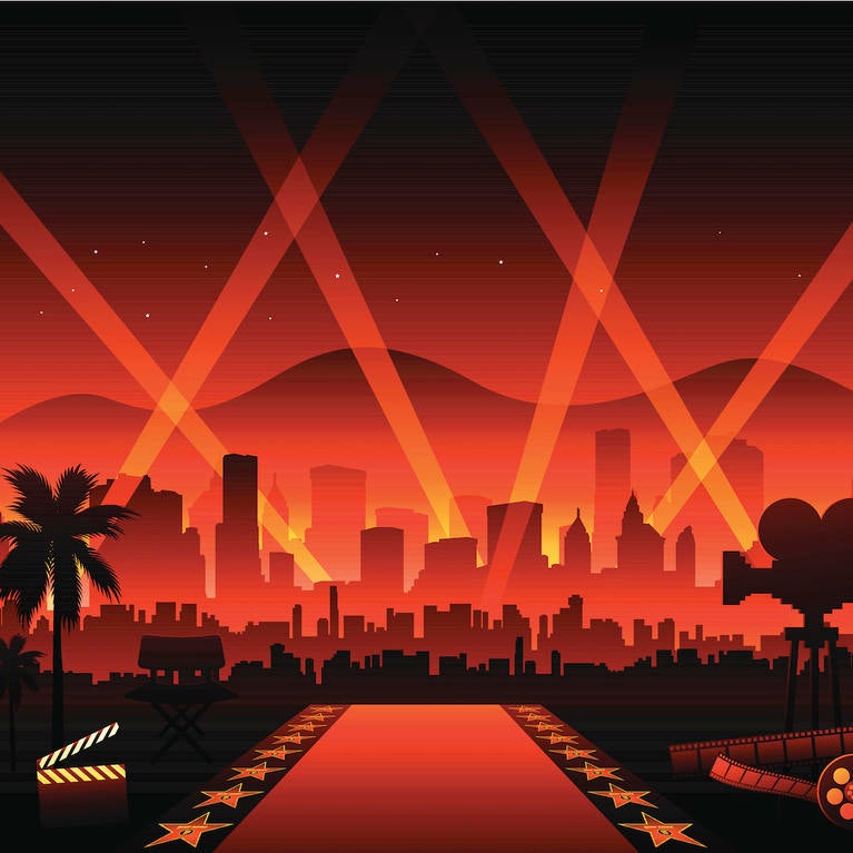 Artistic illustration of searchlights, a clapboard, and movie camera over Los Angeles