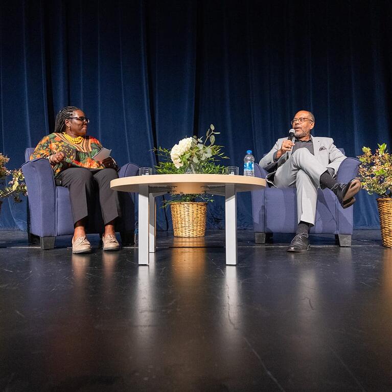 Joi Spencer, Dean of UCR’s School of Education, conducts a Q & A with Kevin Merida, Executive Editor of the Los Angeles Times, during the 54th Annual Hays Press-Enterprise Lecture