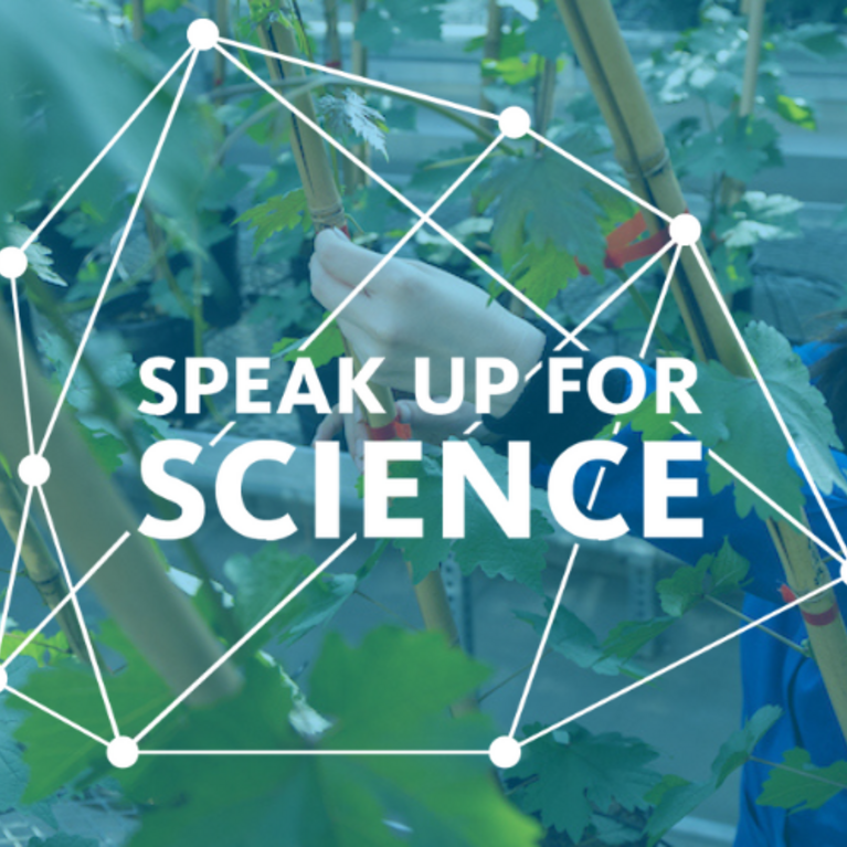 Header graphic with the Speak Up For Science logo overlayed on an image of a researcher