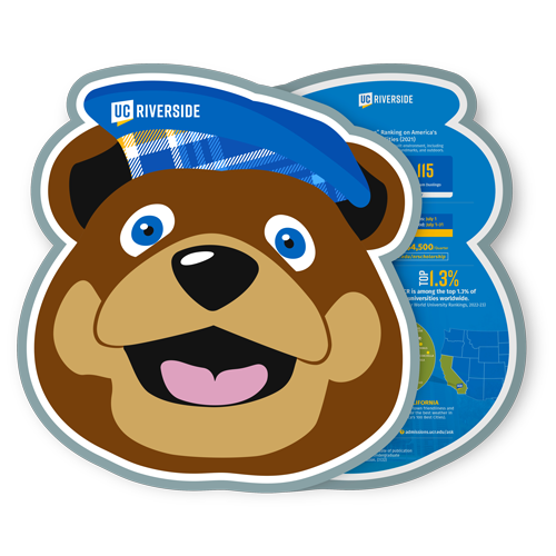 A brochure in the shape of UCR's mascot Scotty the Bear. The front shows an illustration of Scotty and the reverse side is partially shown and is filled with UCR facts, deadlines and statistics.