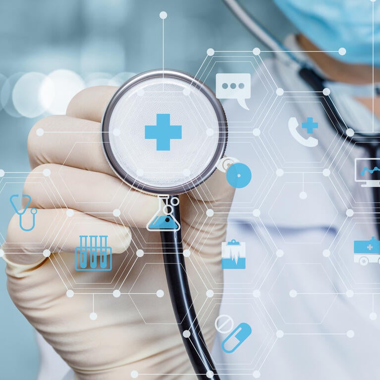 Doctor in the background holding a stethoscope, wearing a glove, with medical icons in the foreground.