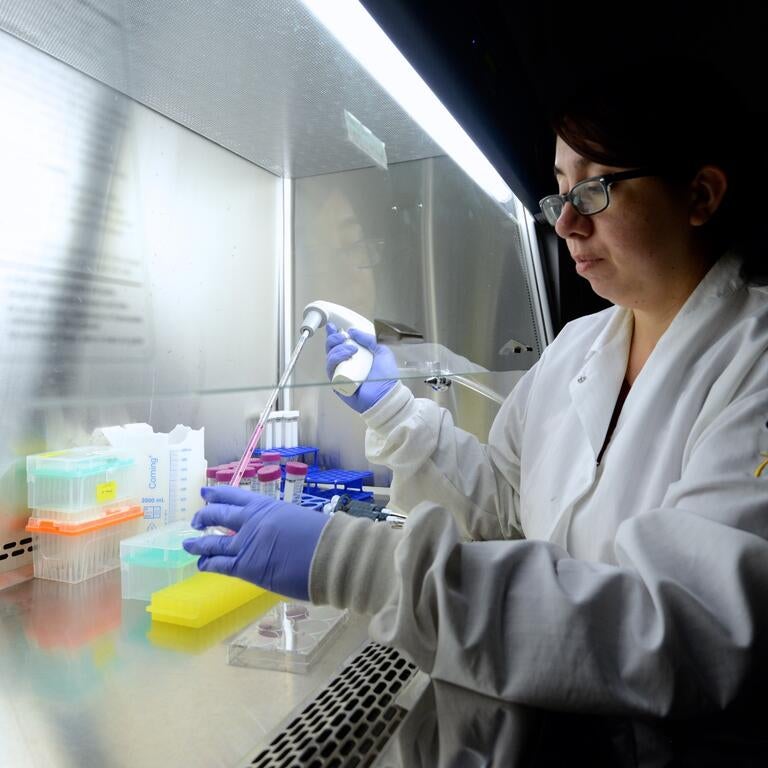 student working in dark lab