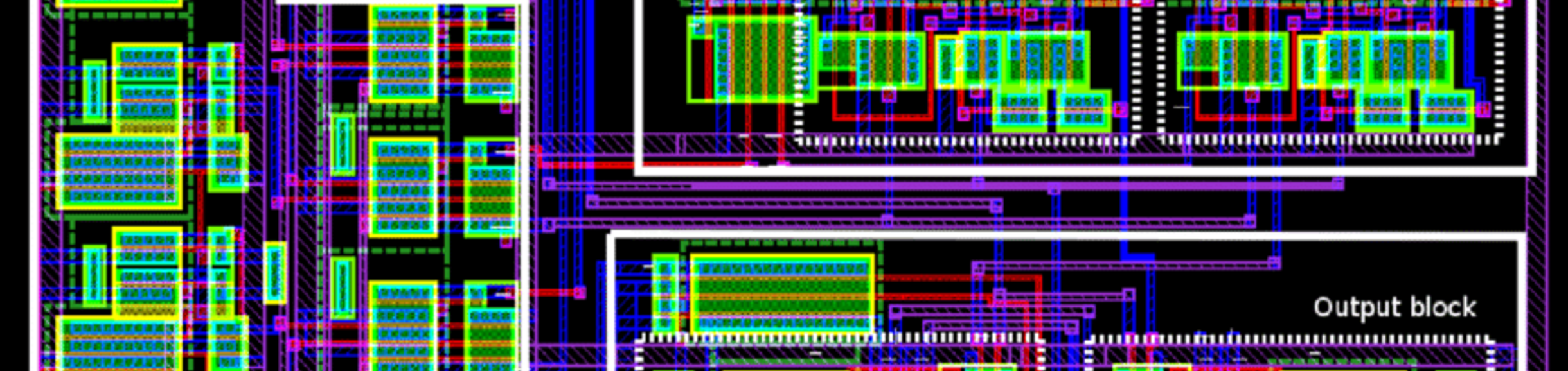 A computer-aided design (CAD) layout of an integrated circuit, showing various blocks labeled "Transition detector," "Local oscillator," "Measurement block," and "Output block," with complex routing of metal and diffusion layers.