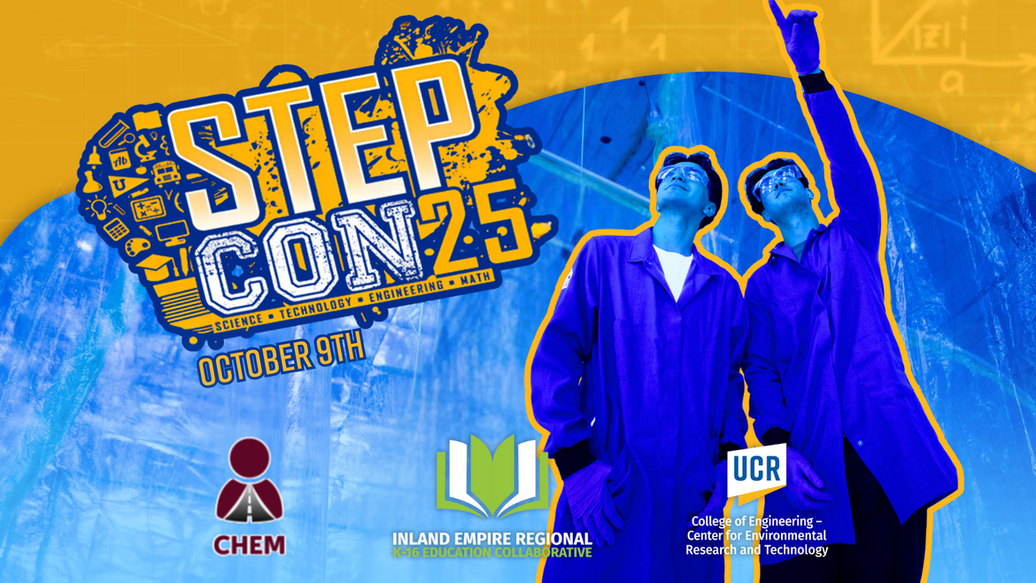 Graphic flyer for CE-CERT's STEPCon 2025 event. Includes a green circular logo reading "STEPCon 25" with smaller text underneath: "STEM Training and Education Program Conference." Background features clean, futuristic design with abstract light trails and circuit patterns. UC Riverside and CE-CERT logos are displayed at the bottom.