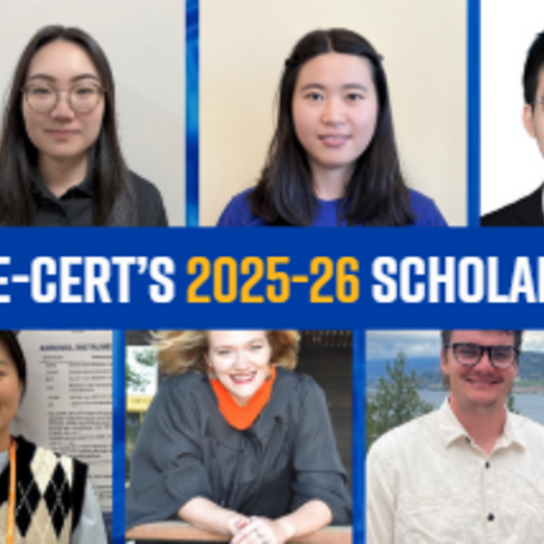 ollage of 18 individual headshots arranged in two rows. Between the two rows, there's a blue banner with white and yellow text that reads:  "CONGRATS TO CE-CERT’S 2025-26 SCHOLARSHIP RECIPIENTS!"