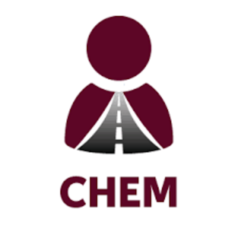  A logo featuring a maroon-colored silhouette of a person, with the chest area stylized as a grey and black road or path receding into the distance, marked with white dashes. Below the silhouette, the word "CHEM" is written in bold, maroon capital letters.