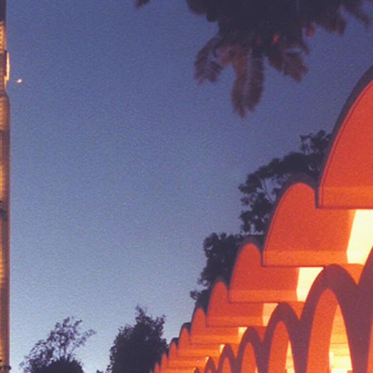 bell tower and Rivera walkway at night (c) UCR
