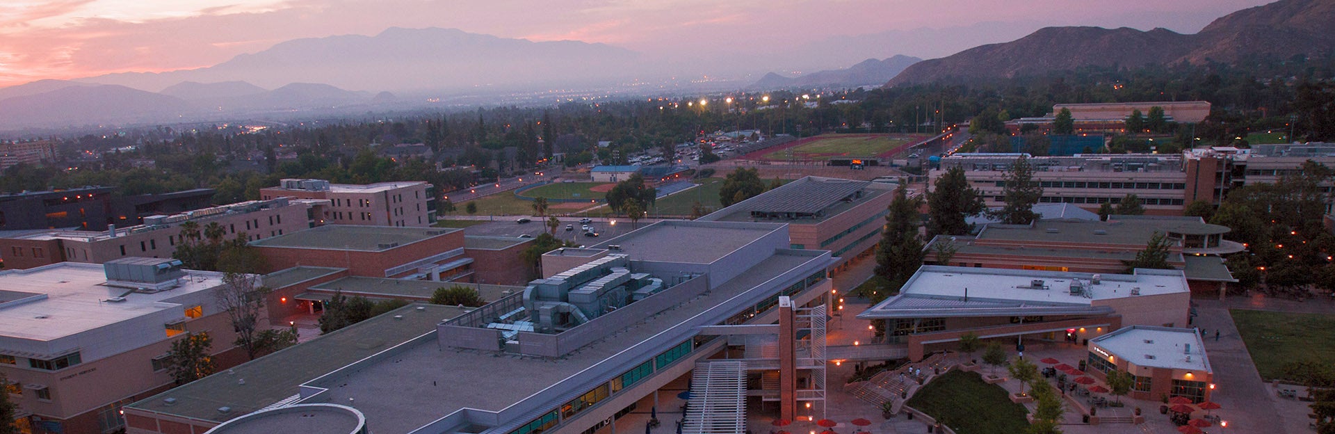 The HUB at dusk, aerial, (c) UCR