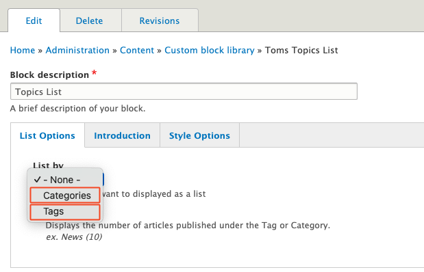 Topics List Custom Block List Categories and Tags Menu