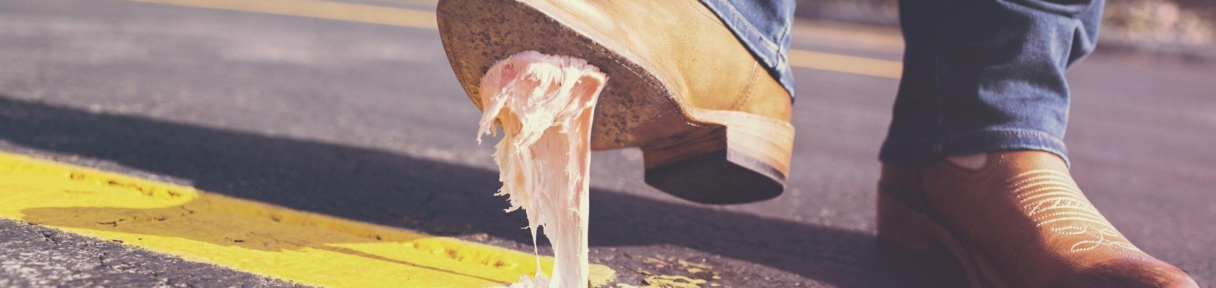 Sticky bubble gum sticking to shoe