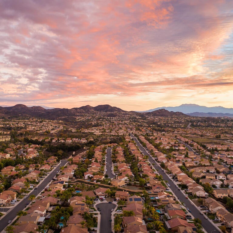 An aerial shot of homes in the Inland Valley