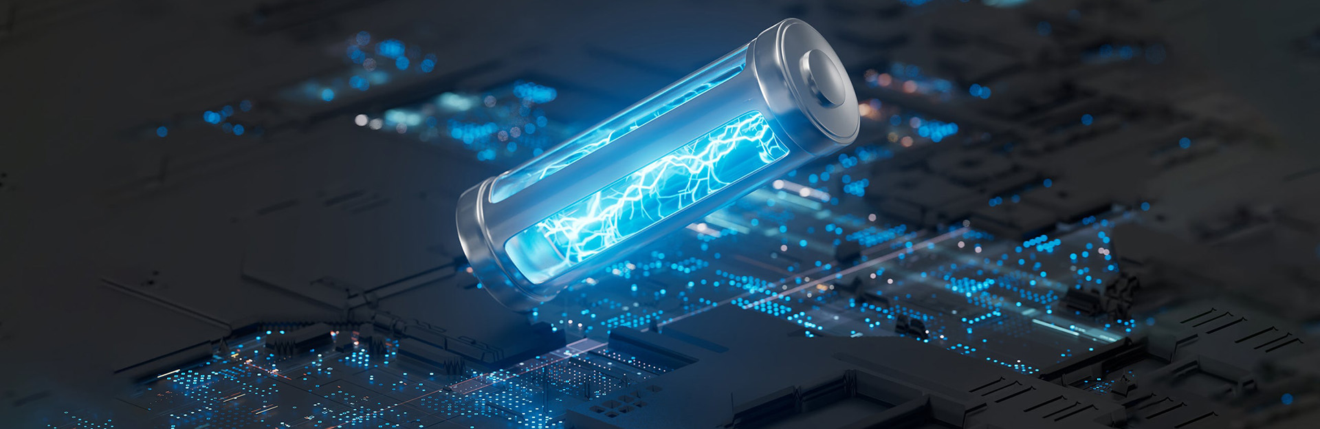 An illustration of a glowing blue battery with lightning bolts inside lies diagonally across a dark circuit board
